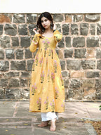 Saffron Bloom Anarkali Dress | Hand Block Printed Cotton | Full Sleeves