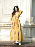 Saffron Bloom Anarkali Dress | Hand Block Printed Cotton | Full Sleeves