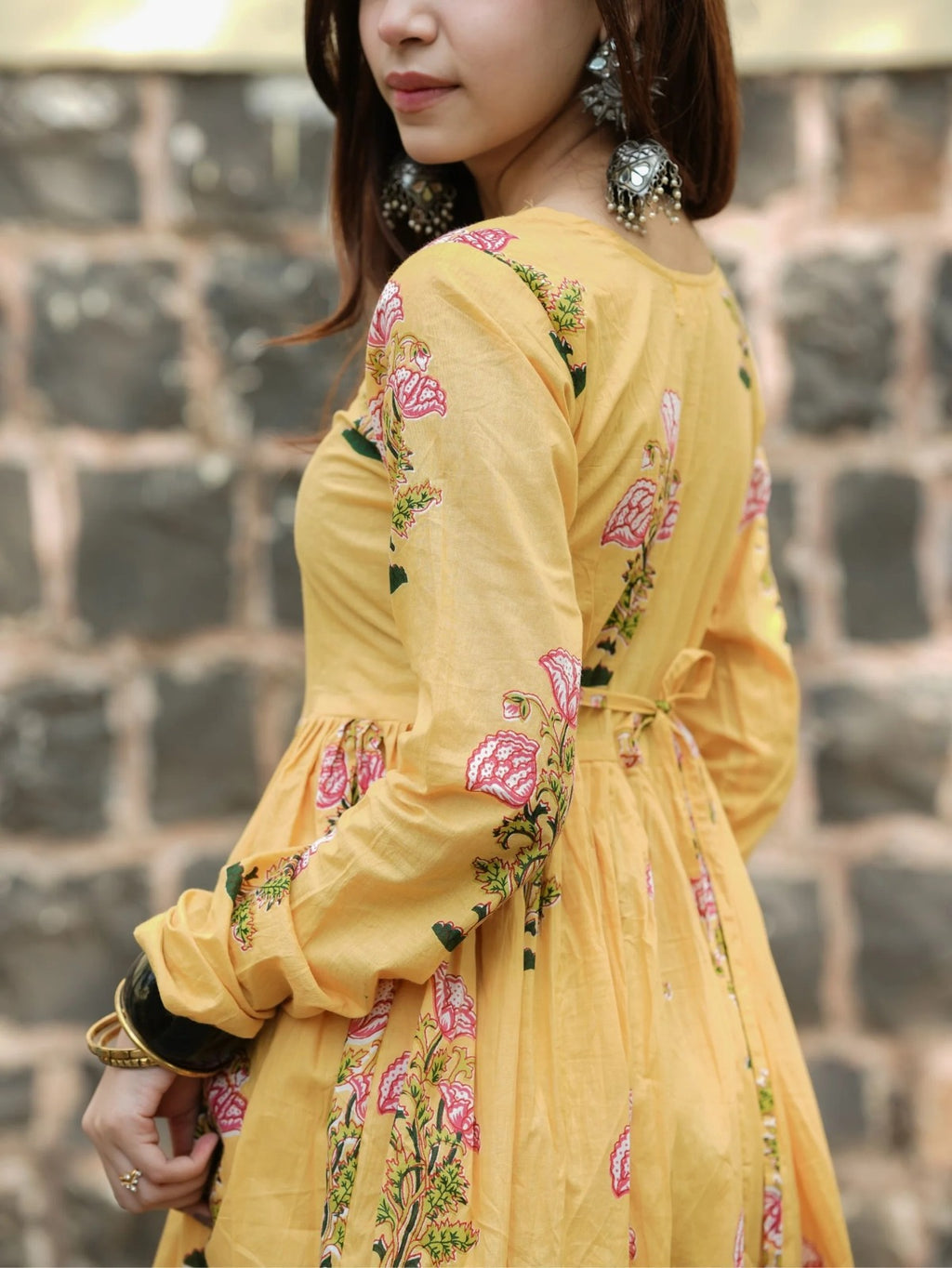 Saffron Bloom Anarkali Dress | Hand Block Printed Cotton | Full Sleeves