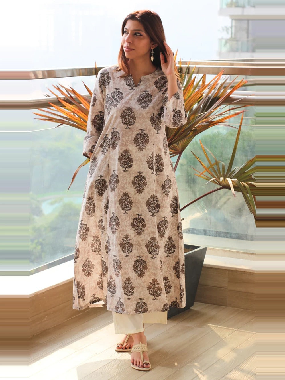 Ecru Brown Mughal Booti Block Print Linen Kurta & Pants Set