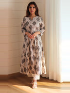 Ecru Brown Mughal Booti Block Print Linen Kurta & Pants Set