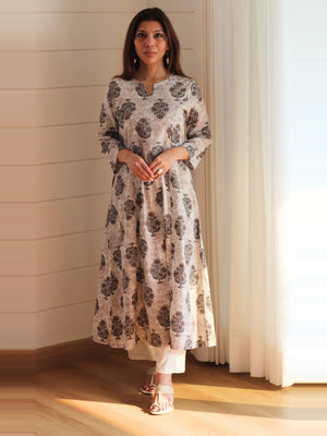 Ecru Brown Mughal Booti Block Print Linen Kurta & Pants Set