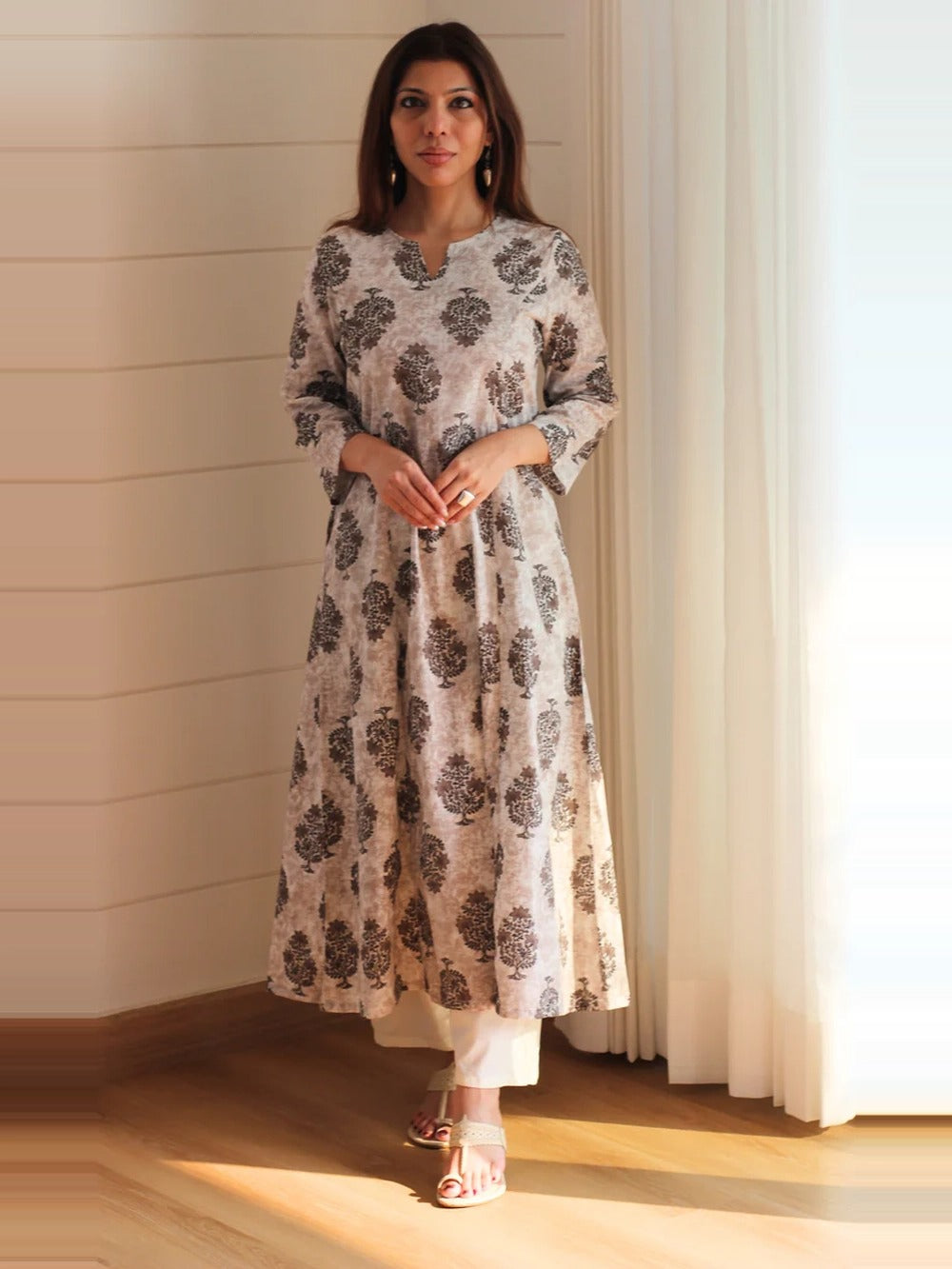 Ecru Brown Mughal Booti Block Print Linen Kurta & Pants Set