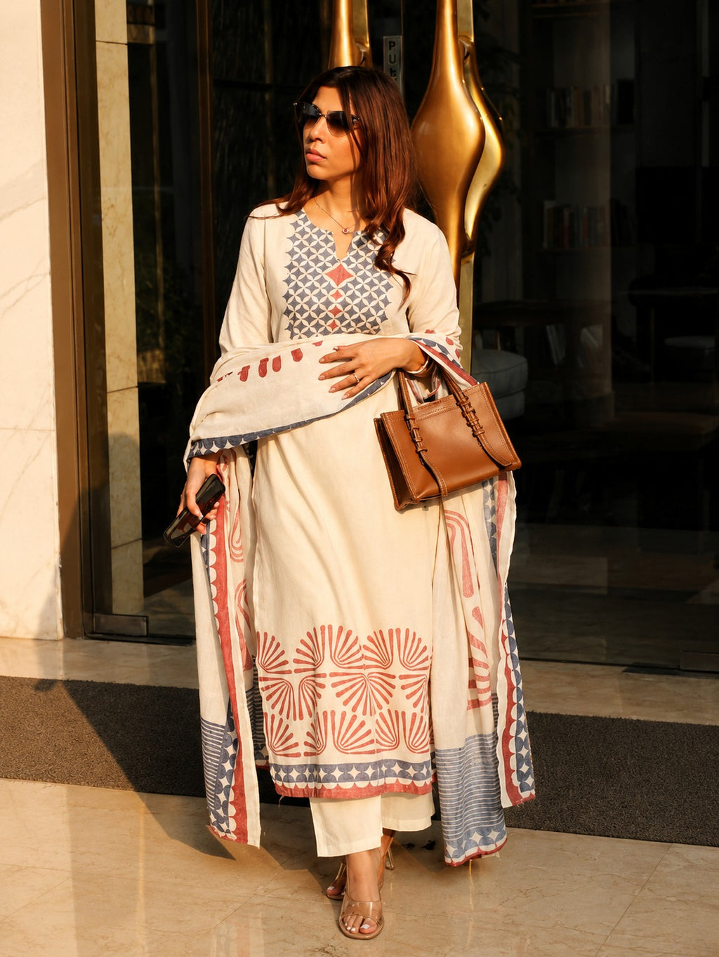 Ivorydust Blue & Rust Block Print Linen Kurta, Dupatta & Pants Set
