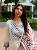 Ivorydust Blue & Rust Block Print Linen Kurta, Dupatta & Pants Set