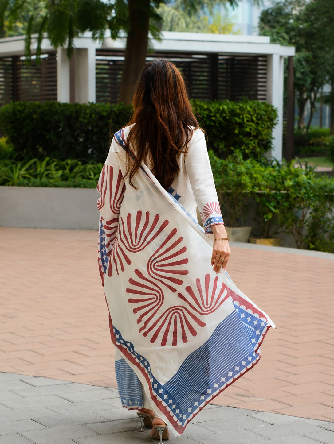 Ivorydust Blue & Rust Block Print Linen Kurta, Dupatta & Pants Set