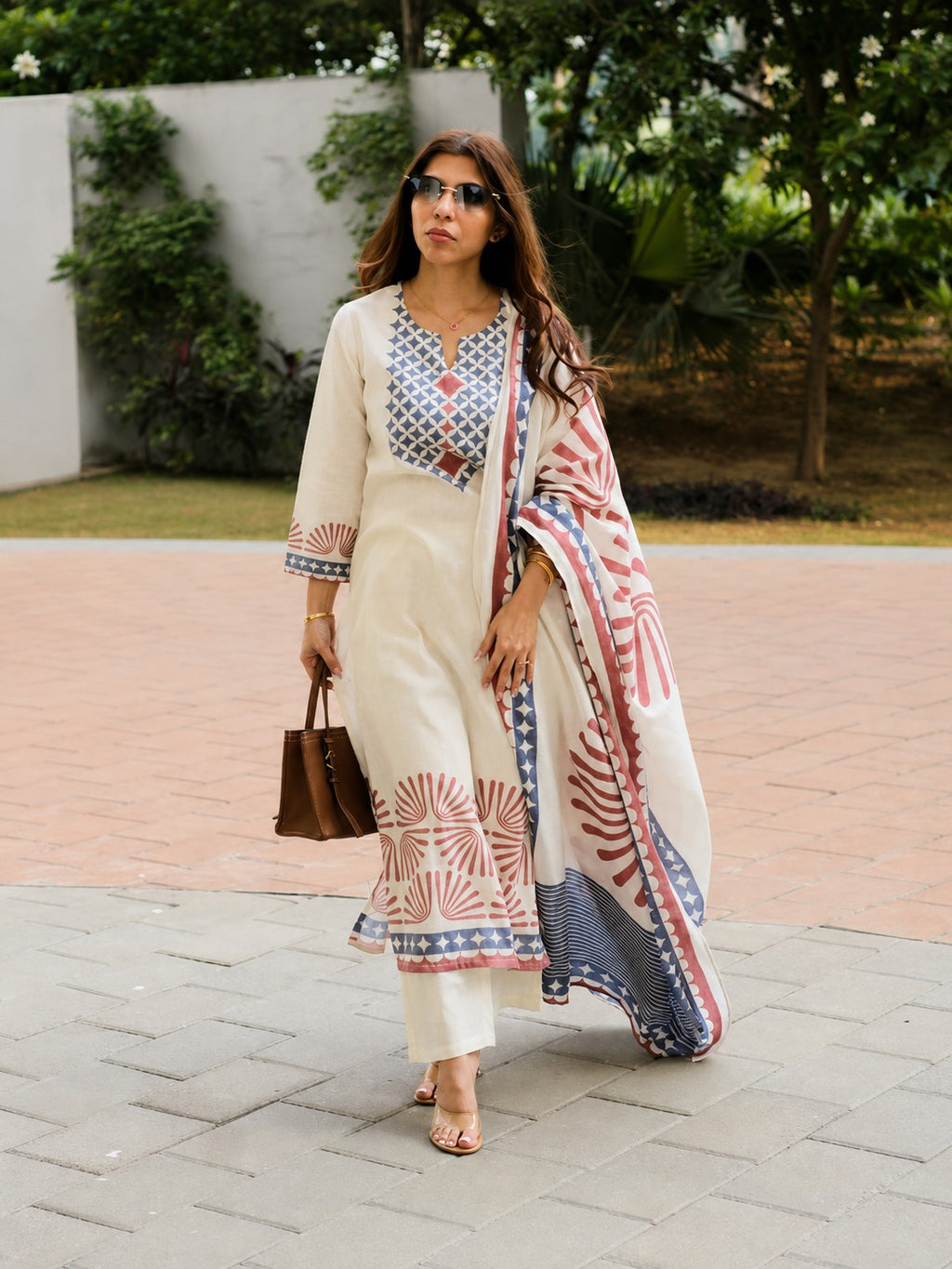 Ivorydust Blue & Rust Block Print Linen Kurta, Dupatta & Pants Set