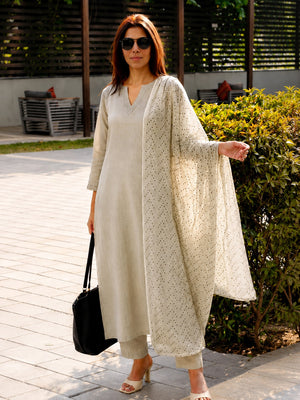 Sage Green Dobby Linen Kurta, Dupatta & Pants Set