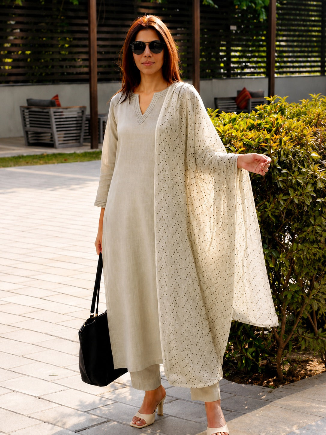 Sage Green Dobby Linen Kurta, Dupatta & Pants Set