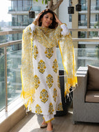 White & Yellow Floral Booti Block Print Cotton Kurta, Dupatta & Pants Set