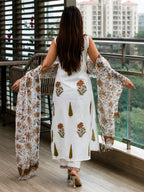 White Floral Booti Block Print Cotton Kurta, Dupatta & Pants Set