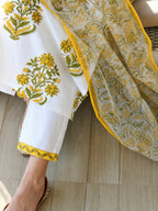 White & Yellow Floral Booti Block Print Cotton Kurta, Dupatta & Pants Set