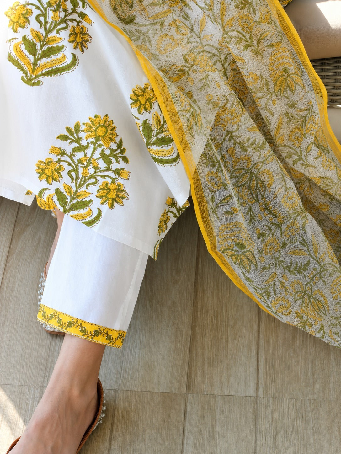White & Yellow Floral Booti Block Print Cotton Kurta, Dupatta & Pants Set