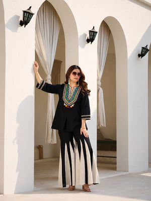 Black Tribal Yoke Embroidered Top & Black Ivory Stripe Sharara Set