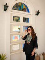 Black Tribal Yoke Embroidered Top & Black Ivory Stripe Sharara Set