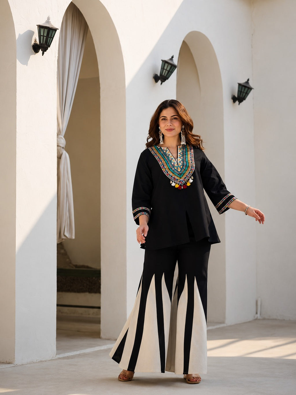 Black Tribal Yoke Embroidered Top & Black Ivory Stripe Sharara Set