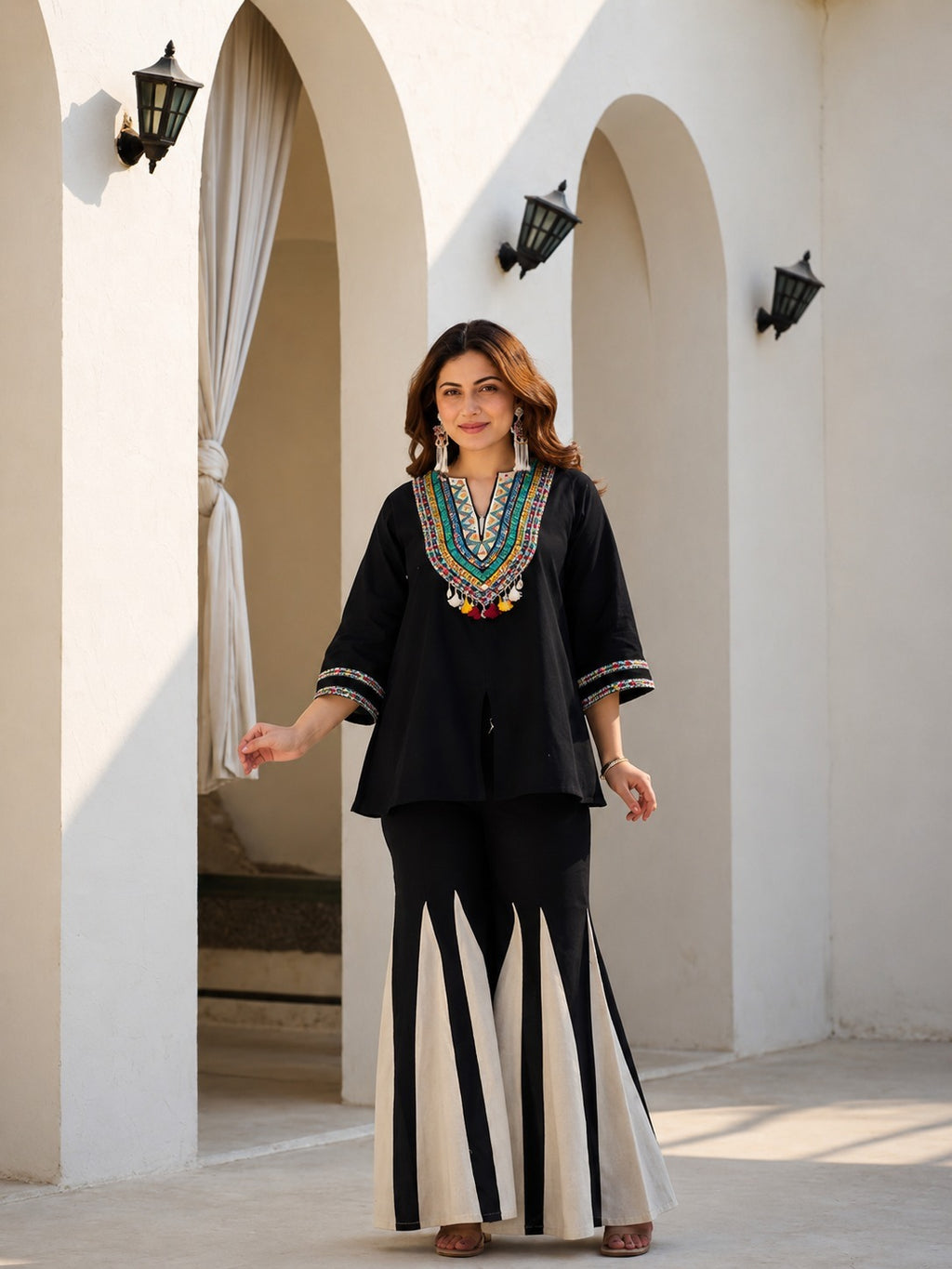 Black Tribal Yoke Embroidered Top & Black Ivory Stripe Sharara Set