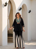 Black Tribal Yoke Embroidered Top & Black Ivory Stripe Sharara Set