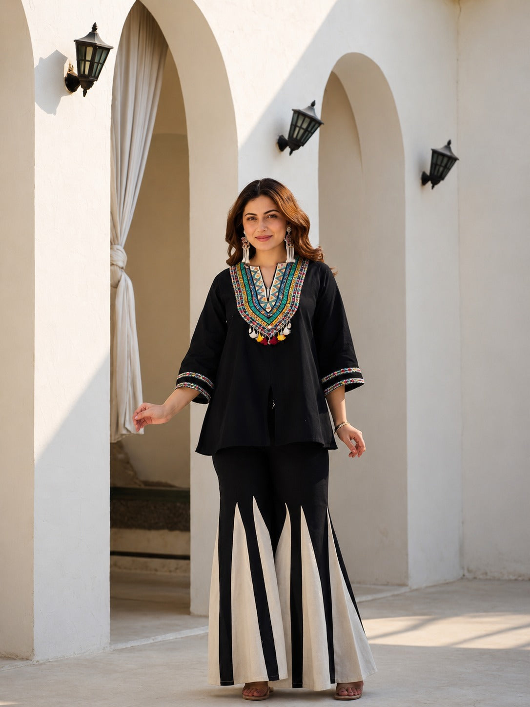 Black Tribal Yoke Embroidered Top & Black Ivory Stripe Sharara Set