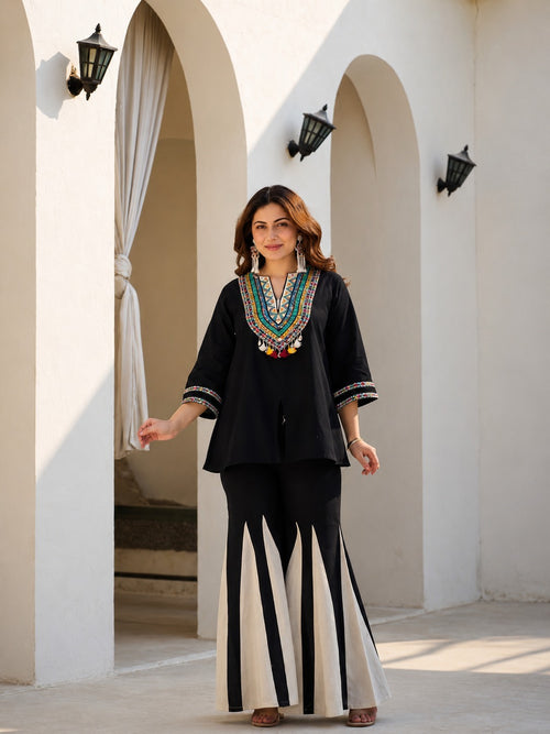 Black Tribal Yoke Embroidered Top & Black Ivory Stripe Sharara Set