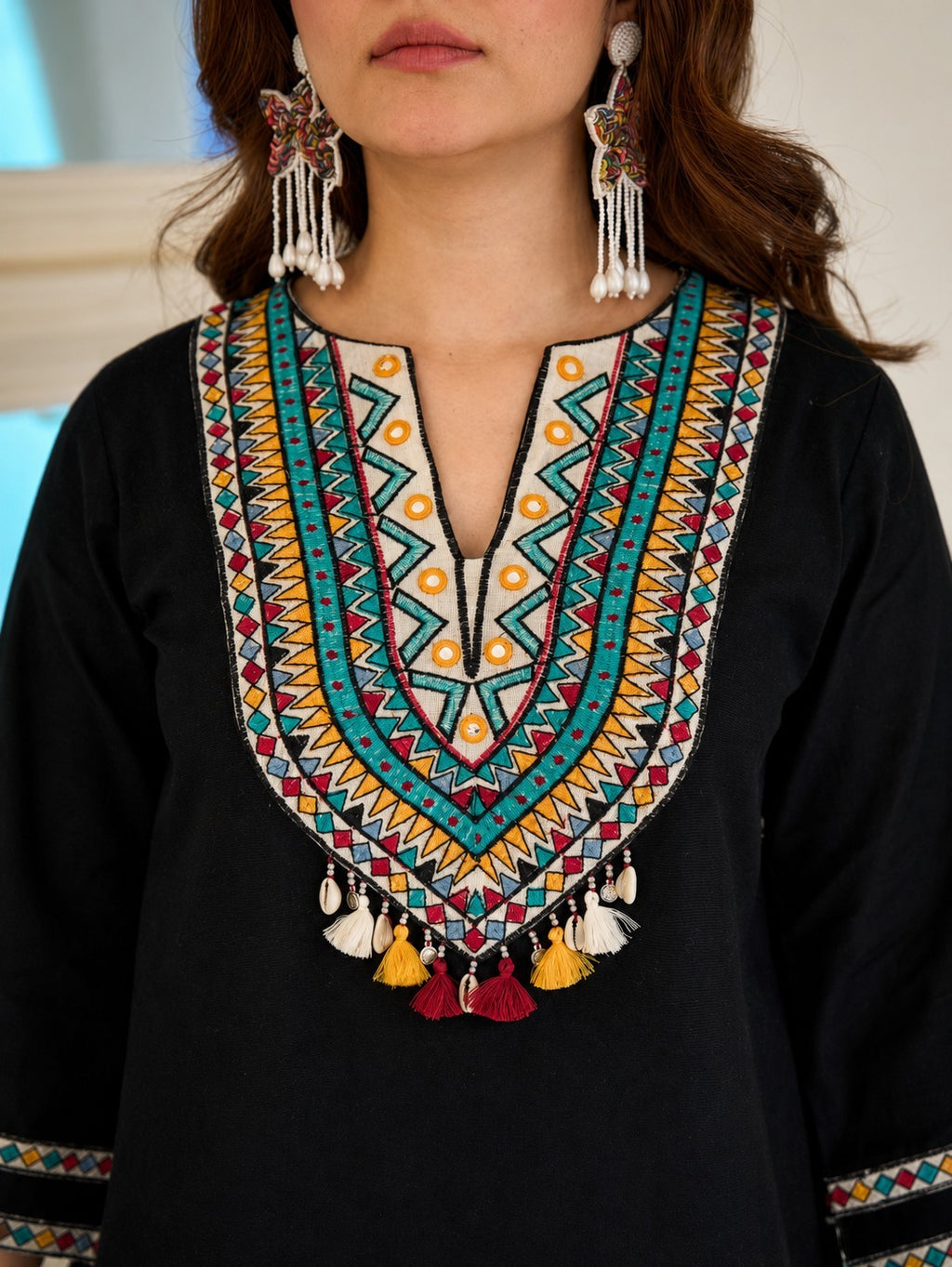 Black Tribal Yoke Embroidered Top & Black Ivory Stripe Sharara Set