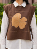 Brown Floral Applique Linen Vest, White Shirt & Pants Co-ord Set