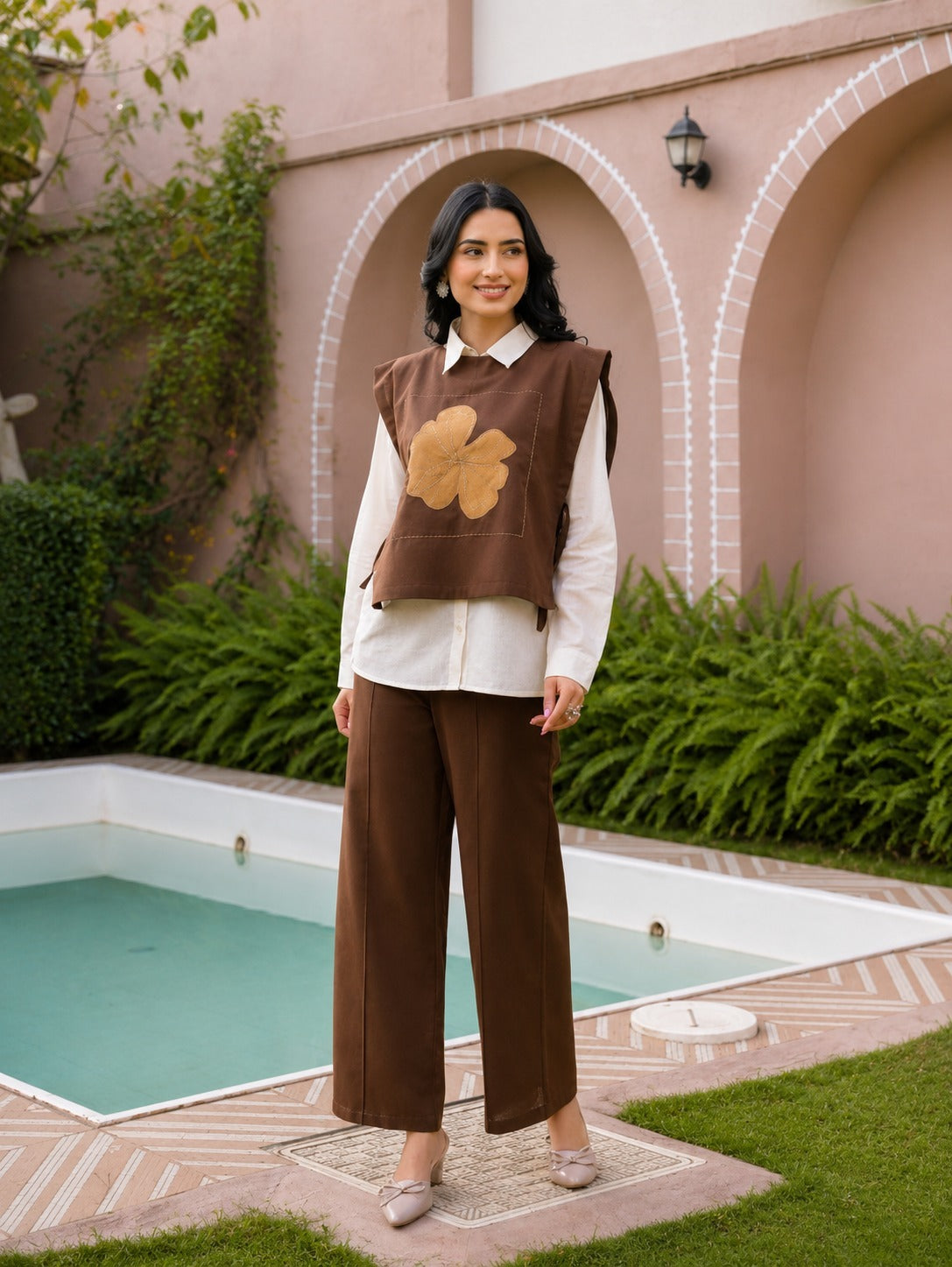 Brown Floral Applique Linen Vest, White Shirt & Pants Co-ord Set