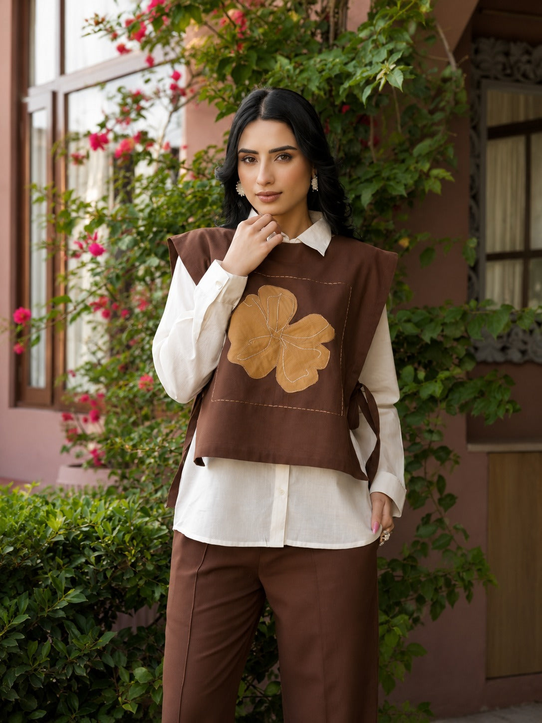 Brown Floral Applique Linen Vest, White Shirt & Pants Co-ord Set