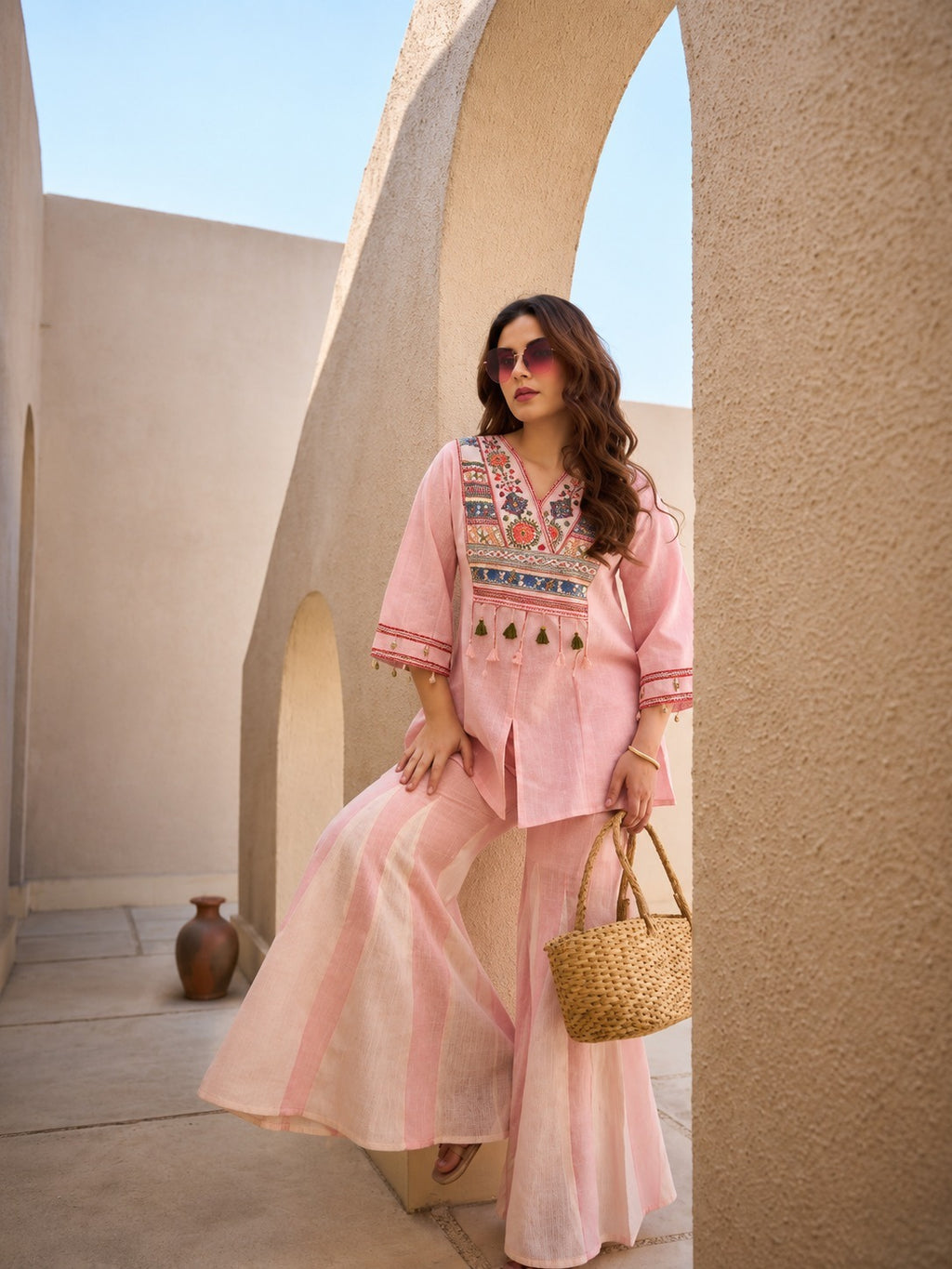 Blush Pink Tribal Yoke Linen Top & Sharara Set