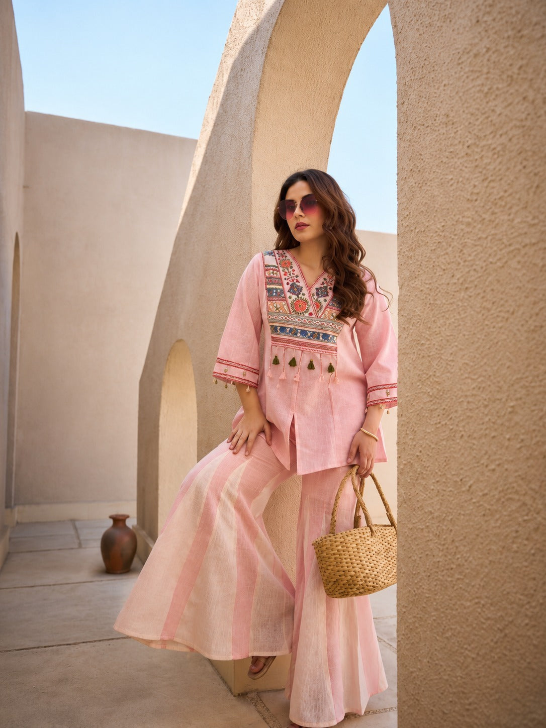 Blush Pink Tribal Yoke Linen Top & Sharara Set