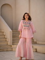 Blush Pink Tribal Yoke Linen Top & Sharara Set