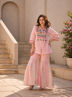 Blush Pink Tribal Yoke Linen Top & Sharara Set