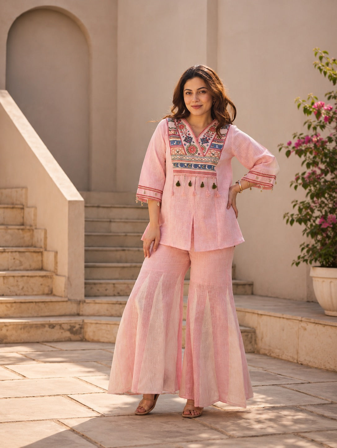 Blush Pink Tribal Yoke Linen Top & Sharara Set
