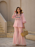 Blush Pink Tribal Yoke Linen Top & Sharara Set