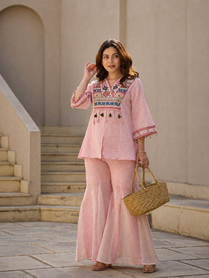 Blush Pink Tribal Yoke Linen Top & Sharara Set