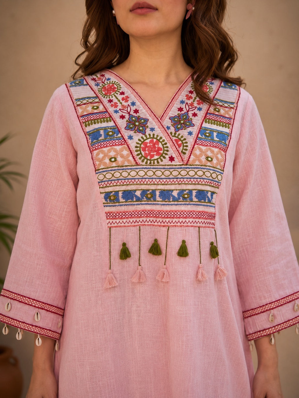 Blush Pink Tribal Yoke Linen Top & Sharara Set