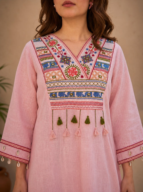 Blush Pink Tribal Yoke Linen Top & Sharara Set