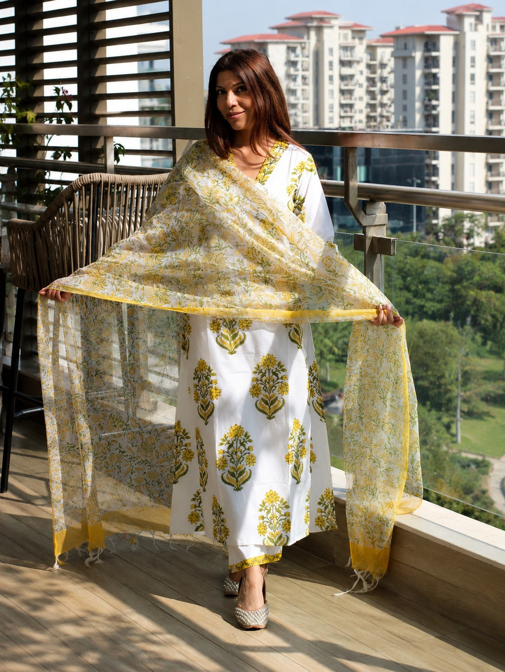 White & Yellow Floral Booti Block Print Cotton Kurta, Dupatta & Pants Set