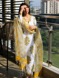 White & Yellow Floral Booti Block Print Cotton Kurta, Dupatta & Pants Set