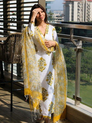 White & Yellow Floral Booti Block Print Cotton Kurta, Dupatta & Pants Set
