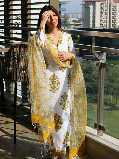 White & Yellow Floral Booti Block Print Cotton Kurta, Dupatta & Pants Set