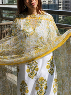 White & Yellow Floral Booti Block Print Cotton Kurta, Dupatta & Pants Set