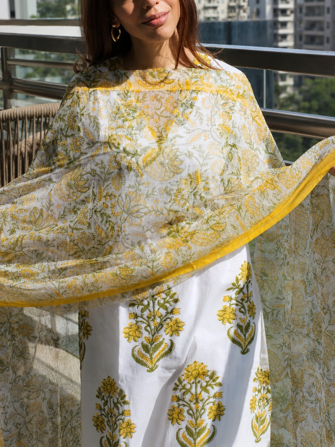 White & Yellow Floral Booti Block Print Cotton Kurta, Dupatta & Pants Set