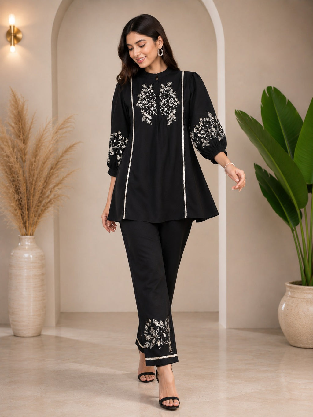 Zara Black Embroidered Puff Sleeve & Flared Pants Cotton Coord Set