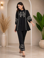 Zara Black Embroidered Puff Sleeve & Flared Pants Cotton Coord Set