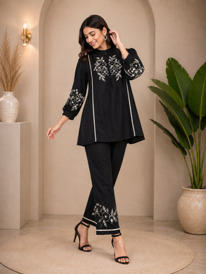 Zara Black Embroidered Puff Sleeve & Flared Pants Cotton Coord Set