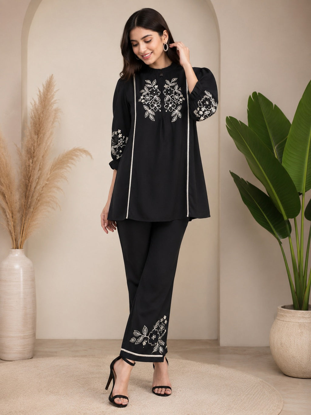 Zara Black Embroidered Puff Sleeve & Flared Pants Cotton Coord Set