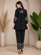Zara Black Embroidered Puff Sleeve & Flared Pants Cotton Coord Set