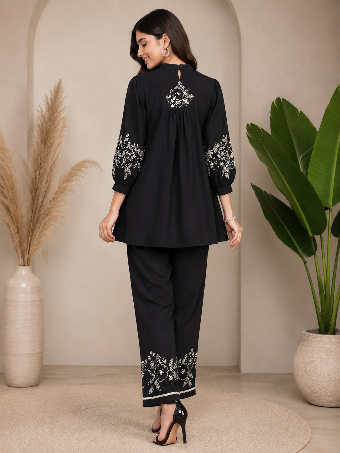 Zara Black Embroidered Puff Sleeve & Flared Pants Cotton Coord Set