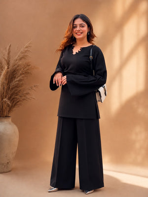 Misha Black Zigzag Neck Bell Sleeve & Wide-Leg Pants Coord Set